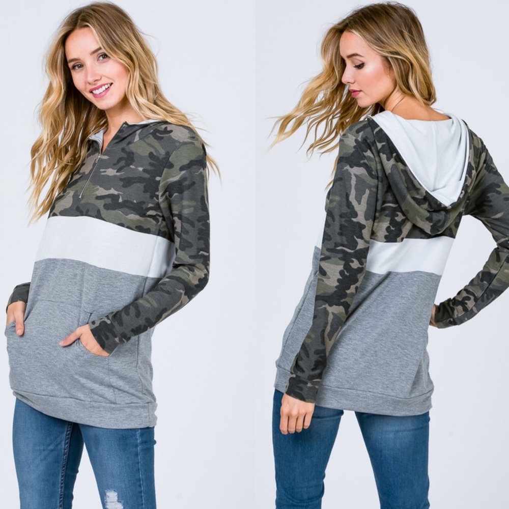Camo color block pocket zipper green hoodie top - Picture 2 of 3